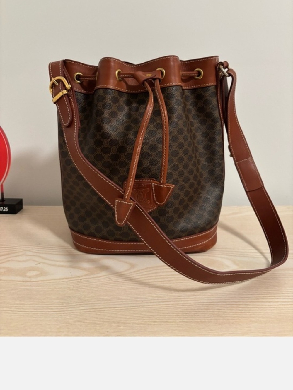 Celine Brown Monogram Bucket Bag with Tan Leather Trim and Gold Hardware